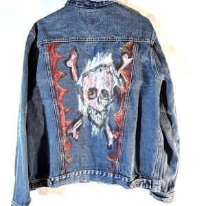 Adam Levine Denim Jacket Size Extra Large Xl Hand Painted Jeans Art Skull Grunge